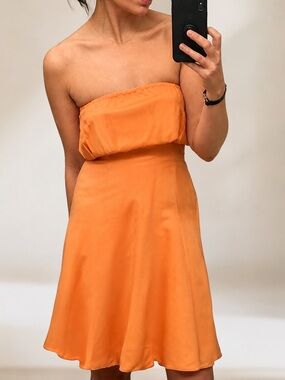 SHAREEN AGAIN Peach 100% Reworked Vintage Silk Strapless Flared Hem Midi Dress S
